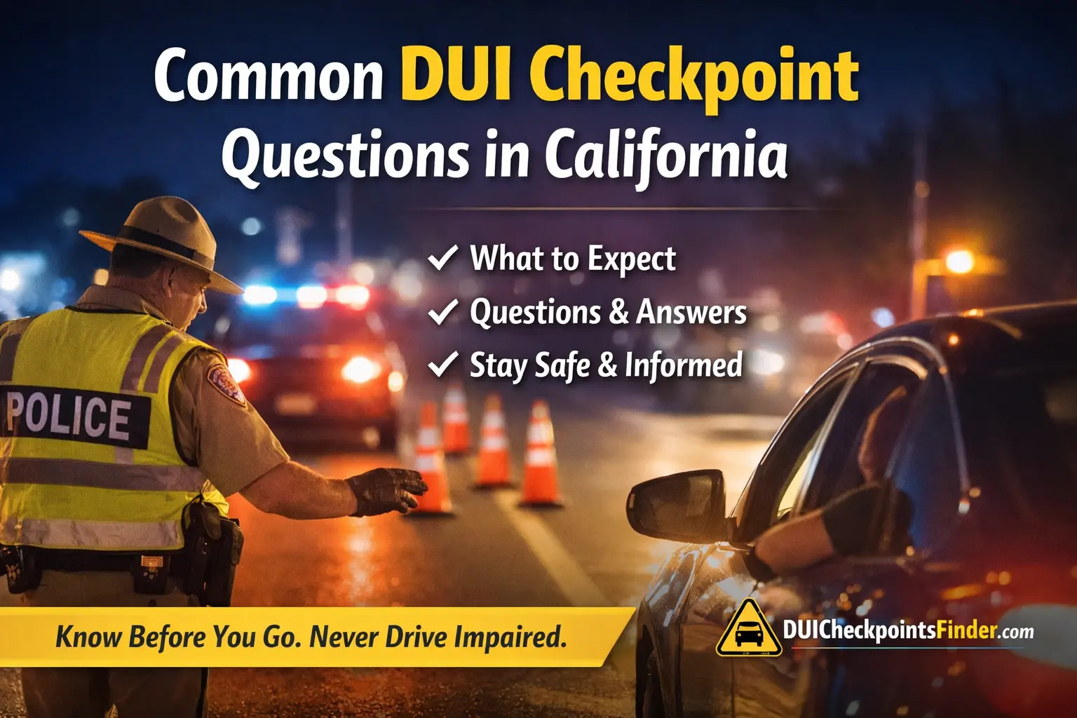 California DUI checkpoint stop at night with police officer speaking to driver about sobriety and road safety