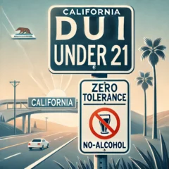 DUI laws for drivers under 21 in California. The design includes a road sign with the text
