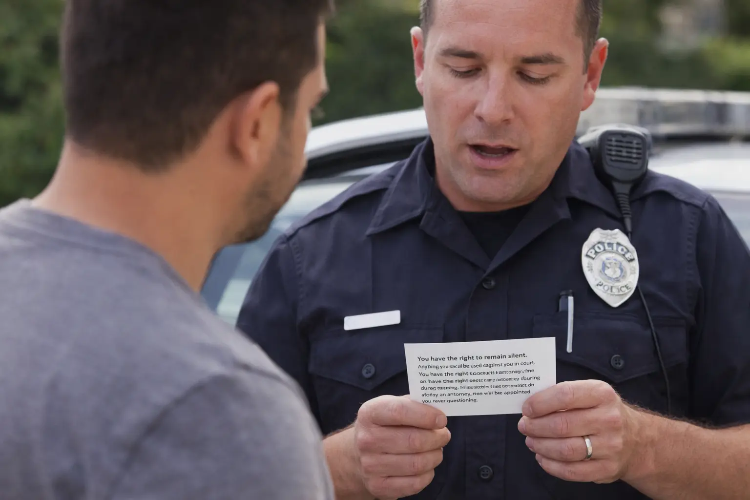 Police officer calmly reading Miranda rights during an arrest in daylight