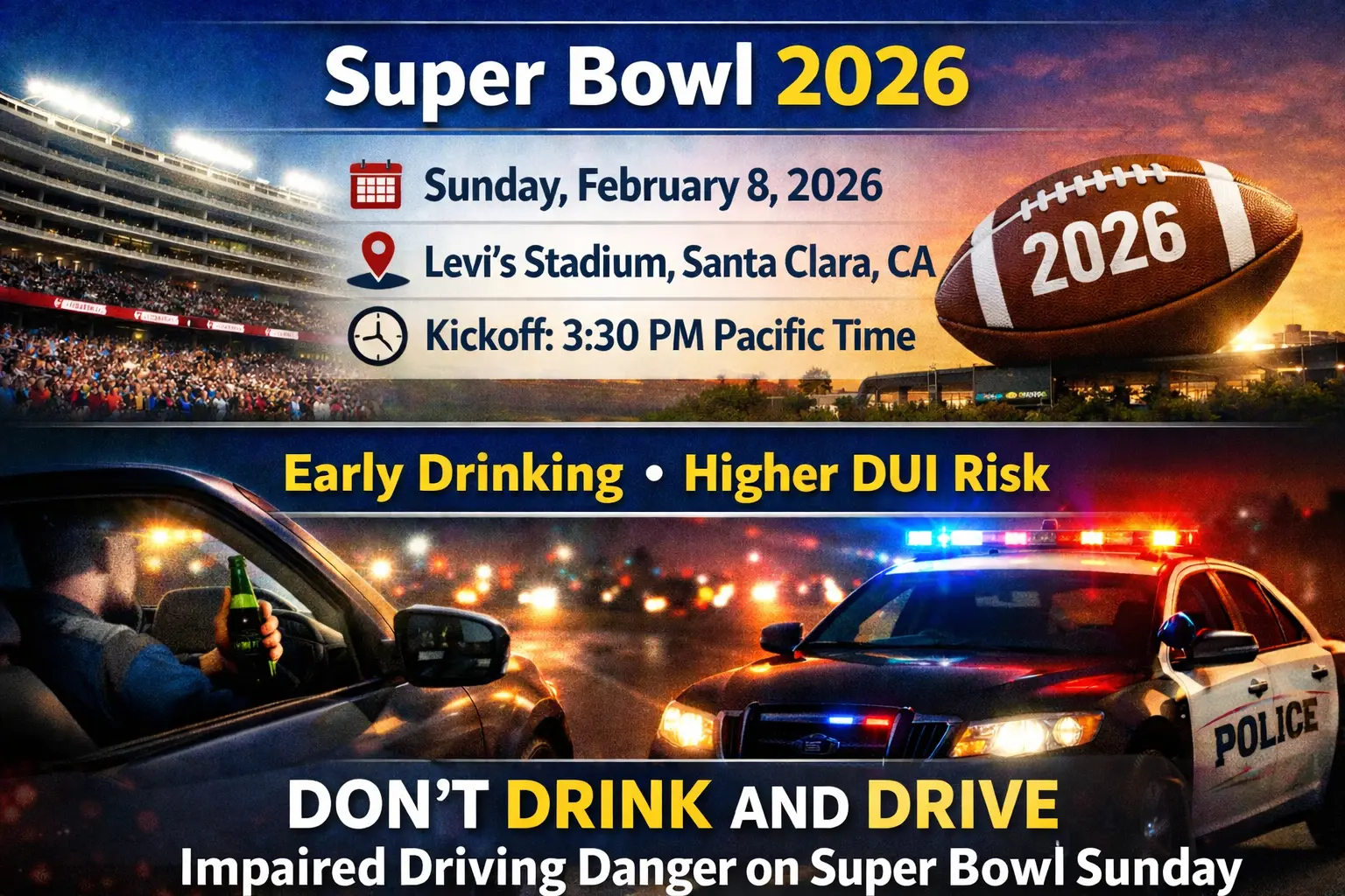 Super Bowl 2026 DUI risk awareness graphic showing Levi’s Stadium in Santa Clara, California, kickoff time at 3:30 PM Pacific, and a warning message “Don’t Drink and Drive” highlighting increased drunk driving danger on Super Bowl Sunday.
